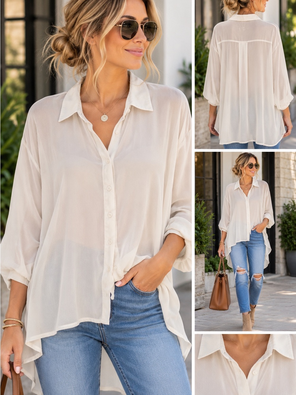 Cotton On Cream Relaxed Sheer oversized Hi-Lo Button-Down Shirt